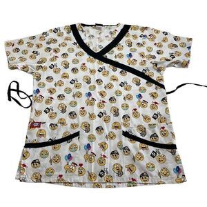 Sheryl Uniforms Scrub Top Emoji All Over Graphic‎ Women's Small Pockets Tie Back